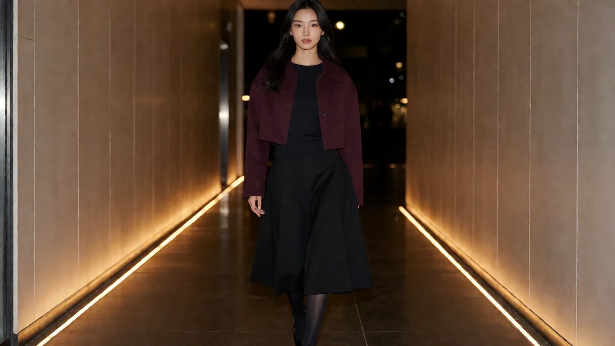 写真网暗红黑丝图,成年女性穿暗红外套与黑丝袜走在灯带走廊
