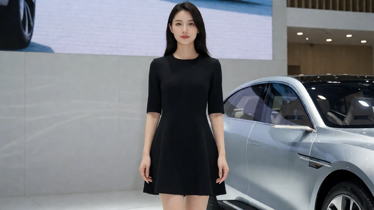 写真网车模造型图,成年女性穿黑色短连衣裙站在银色展车旁